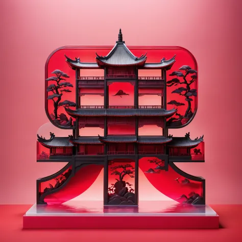 Pink polyurethane plastic model: Red and black temple，Translucent water style, Fun illustrations, red, Subtle color gradient, Fun, Dreamlike scene, Chinese Punk, Rococo Art and Design, Sublimation of form