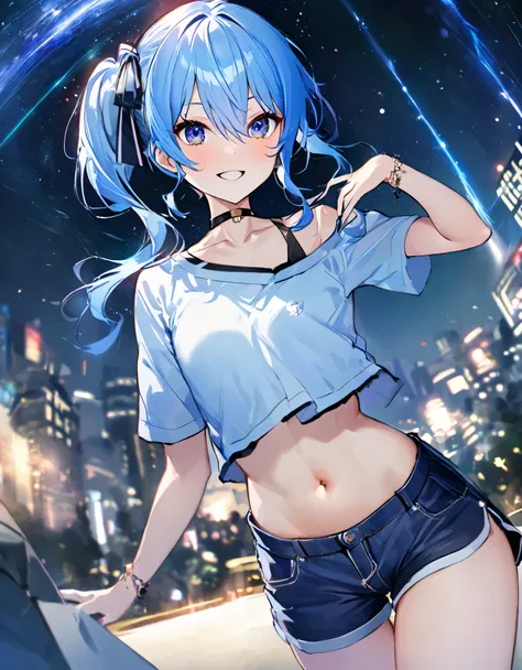 (8k、best image quality、highest quality、masterpiece)、detailed face、 1teen_girl、blue hair、long hair、sideponytail、dark_blue_eyes、sm...