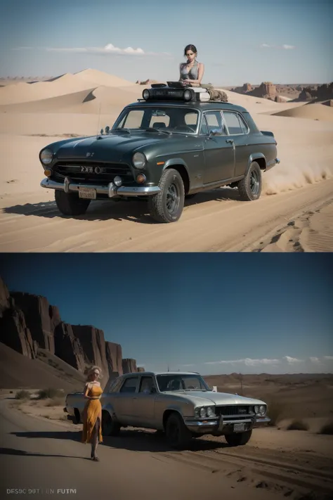 a blonde woman in an orange jumpsuit stands next to an old car in the desert, pixar cars in mad max fury road, retrofuturism sci - fi old movie, sci-fi car, from the movie mad max fury road, dieselpunk art style, 5 0s vintage sci - fi style, in mad max sty...