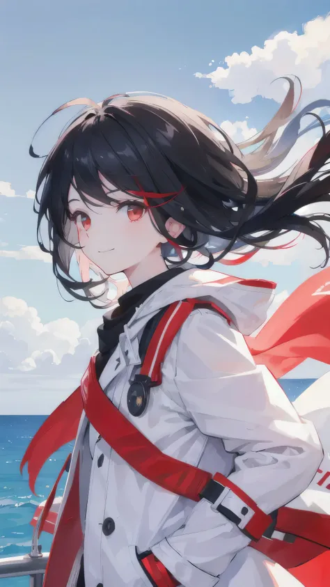 Before the Red Flag, daytime, A girl, Black hair blowing in the wind, Patriotic themes, Looking into the distance, Look to the side, White coat, Smile, close-up, from side, UHD, high details, highres, masterpiece, super detail, 4K