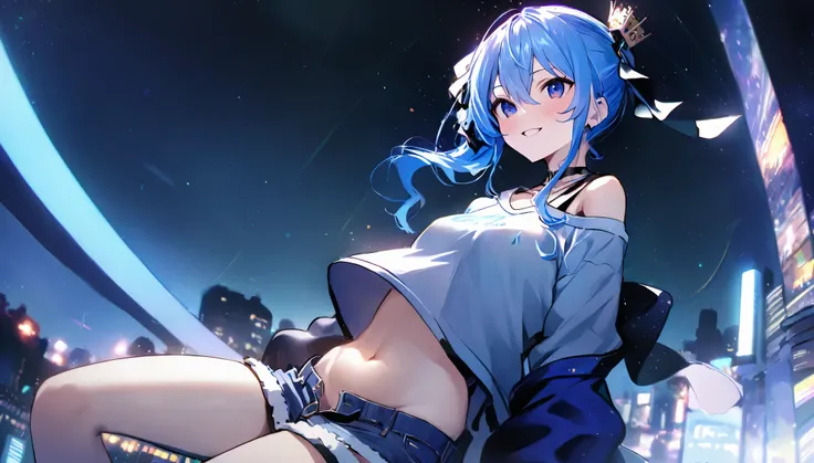 (8k、Best image quality、highest quality、masterpiece)、Detailed face、 1teen_girl、Blue Hair、Long Hair、sideponytail、dark_blue_eyes、smile,peek_stomach,small_breasts:0.8,(White_T-shirt:1.3)、Off_shoulder、Black shoulder straps、(open_front_shorts,denim_short_shorts:...