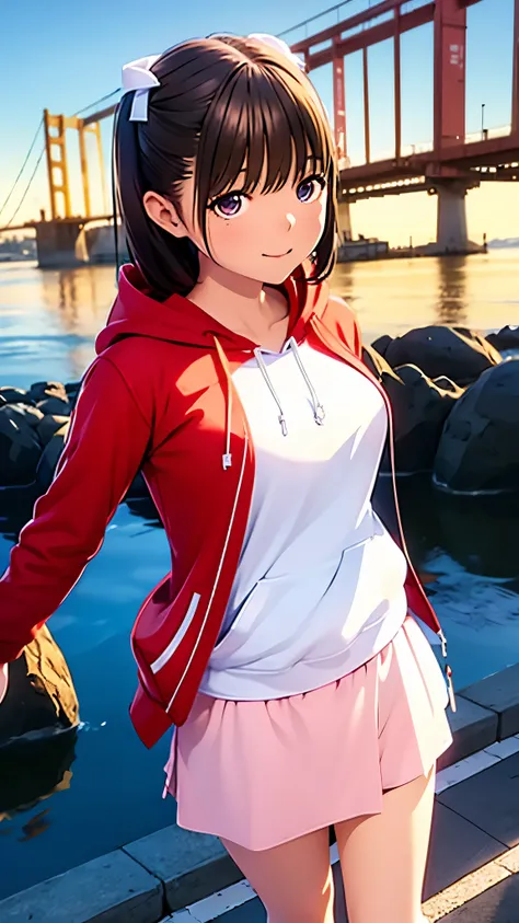 High resolution,8k,Best Quality,detailed,Semi-realistic anime,3D anime style,Smooth anime CG,One girl,A 20-year-old Japanese woman,Bust is large,Modeling,Shiny black hair,Medium Hair,Detailed face,beautifully detailed eyes,Glowing Skin,((oversized red hood...