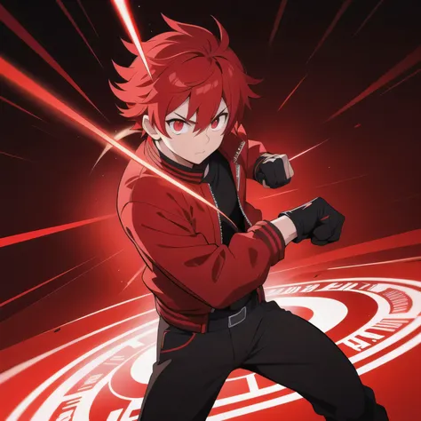 1Man, red short hair, red eyes, strongest, red letterman jacket, black pants, K J, glowing eyes bright, dark background, fist, red light energy, red line effect in eyes, red line effect, red light 
Spin  circle effect, red gloves