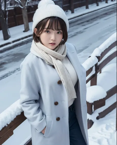 (8k、Best Quality、masterpiece:1.2)、(1 girl:1.0)、(short hair:1.0)、(long coat:1.0)、（sweater:1.0）、（pants:1.0）、(large Breasts:1.0)、(simple background:1.0)、(curvy body:0.7)、(scarf over mouth:1.0)、(from above:1.0)、(full body:1.0)、(snow:1.0)、(winter:1.0)