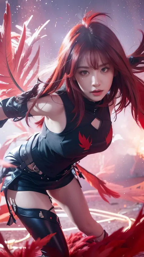 Female, black and red hair, red feathers, lighting red