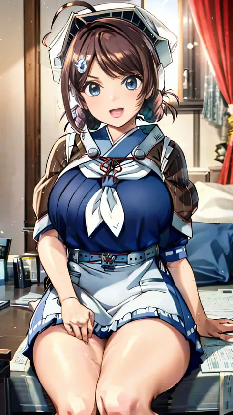 (Super detailed), masterpiece, (Best Quality), Realistic　detailed eyes, Detailed face, Fine hair　Kantai Collection_long whale　chougeiKC　solo、Long Hair、Blue Skirt、Hair accessories、Thighs、Braids、Ahoge、Pleated skirt、Serafuku、Sailor collar、ツインBraids、neckerchie...