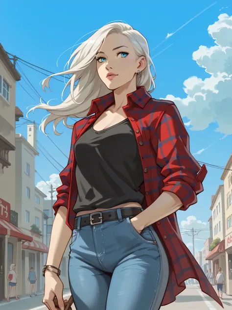 A young woman with silvery white hair, turquoise blue eyes, athletic build, wearing jeans and a red plaid shirt, walks down the street.comics style, sketch, drawing by Artgerm