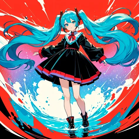 Hatsune Miku, (masterpiece of the highest quality:1.3), (Flat Color:1.3),(colorful:1.3),A girl looking at the viewer,Alone,floating colorful water,(2D:1.3), 