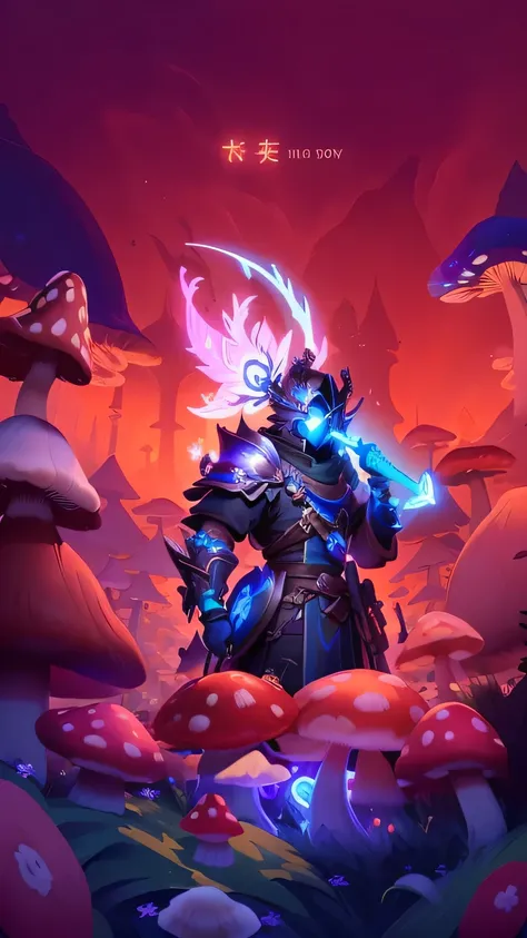 Close up of a person on a field covered with mushrooms, Blue glowing mask，Carrying a blue glowing stick on his shoulder，Duelist Style, Official ink art, Fantasy Hearthstone art style, Heroes of the Storm Splash Art, Onmyoji detailed art,  8k hd wallpaper j...