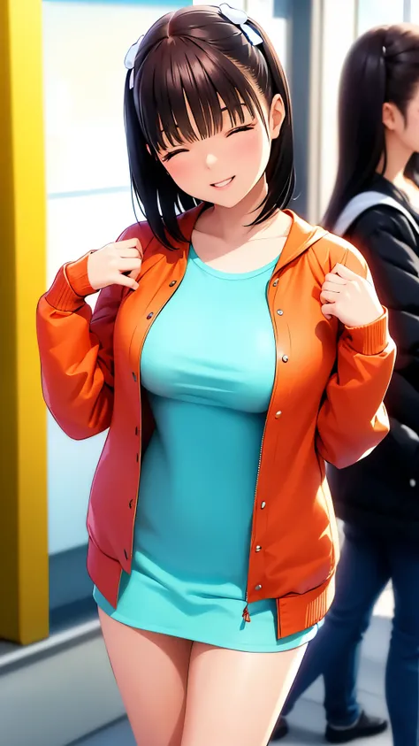 High resolution,8k,Best Quality,detailed,Semi-realistic anime,3D anime style,Smooth anime CG,One girl,A 20-year-old Japanese woman,Bust is large,Modeling,Shiny black hair,Medium Hair,detailedな顔,Eyes closed、Glowing Skin,Autumn outfit((open jacket)),Bust up ...