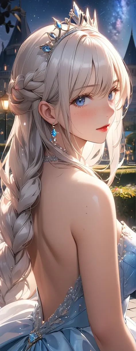 straight hair、white hair, highly detailed braided hair, princess tiara, ((highly detailed sexy princess gown)), looks about , (b...