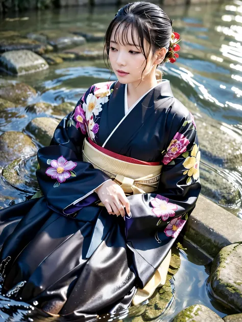 realistic, long-sleeved kimono, hakama, long hakama, floral kimono, wet clothes, soaking wet clothes, wet and shiny clothes, clo...