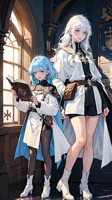 (((((2 girls))))), masterpiece, ultra detailed, 8K Portrait, Raw photo, girls photography, full body, Highly detailed face, ((Fantasy)), , (((classmates))), smile, various hairstyles and hair color, (((white long tunic with a single vertical blue line))), ...