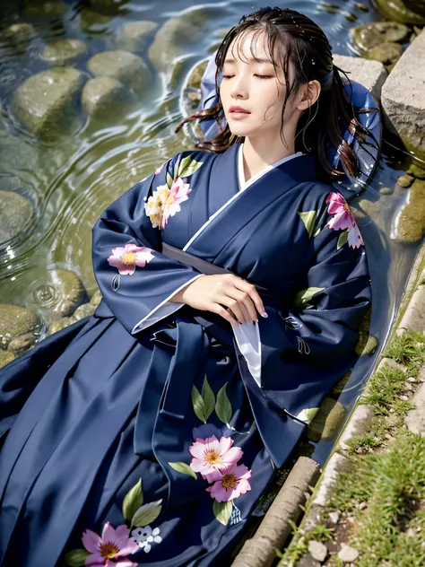 realistic, long-sleeved kimono, hakama, long hakama, floral kimono, wet clothes, soaking wet clothes, wet and shiny clothes, clo...