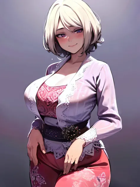 masterpiece, best quality, ultra-detailed, illustrator,1girl, short white hair, wearing a kebaya, red top and black bottom, purp...