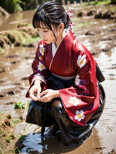 realistic, furisode, hakama, nagahakama, floral kimono, wet clothes, soaking wet clothes, wet and shiny clothes, clothes with a ...