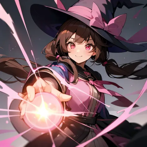 masterpiece, 魔法girl, Wizard, witch, 1 girl, smile, main character, girl, Junior high school students, dark brown hair, Long Hair, Twin tails, witchの黒い((Pointed hat)), Pink Eyes, Magic School Student, witchローブ, Pink Ribbon, cute