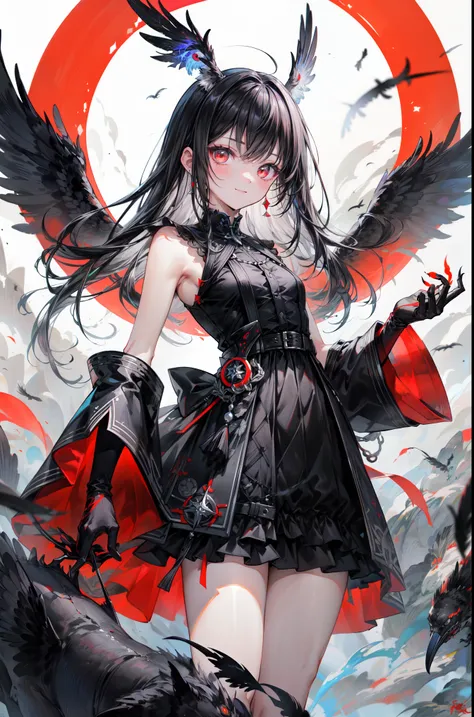 Long Black Hairアートステーション, White Background, Standing in the Wilderness,whole body、Equipped with black gauntlets、Long Black Hair、A triumphant smile、Small breasts、, As if smoke and shadows were given shape, Wings made from giant crows, Dancing crow feathers,...