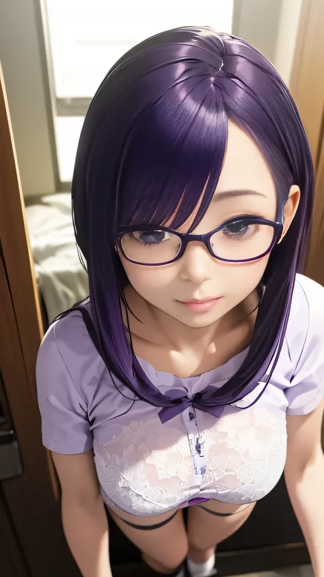 From above,Overhead Shot,High school girl,smile,(On the back),(Random pose),((Purple Hair:1.5)),超smile,thin frame glasses,(dr.スランプArale-chan:1.2)pout,(Very very big breasts),Chubby,(Random hairstyle),(Best image quality, (8k), Ultra-realistic, 最high qualit...