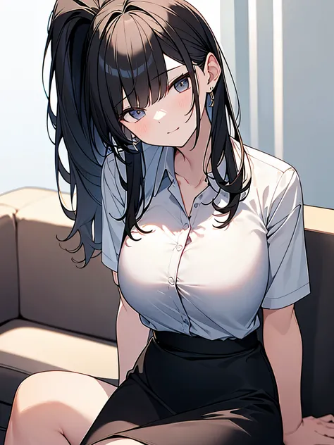 solo highest quality　Highest Resolution　masterpiece　Perfect human body:1.3 8 heads tall beauty black hair medium length ponytail bangs swept to the side:1.9. Big breasts, chest, white collared shirt:1.3 Short sleeve:1.3. Chest:1.3. Black business skirt:1.3...