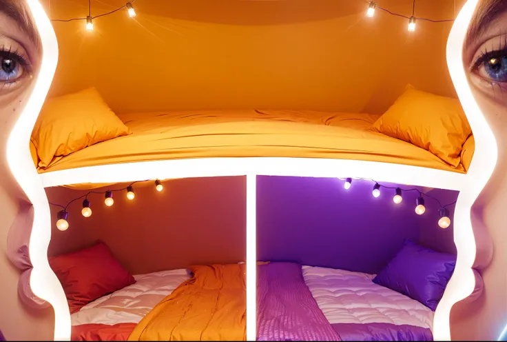 A vibrant, surreal set of rooms with rounded walls, each in a distinct color scheme. The top room is a bright orange with soft lighting and an orange bed, giving off a warm, inviting glow. Below, two more rooms are divided. The left room is red, with a mat...