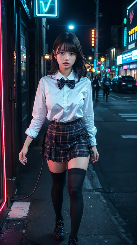 Flying debris, Best Quality, shape, Very detailed, Fine points, High resolution, 8k, wallpaper, Perfect dynamic composition, (Detailed and high quality, Realistic eye depiction:1.3), View from the side, ((In an empty city street)), Schoolgirl uniform, Whit...