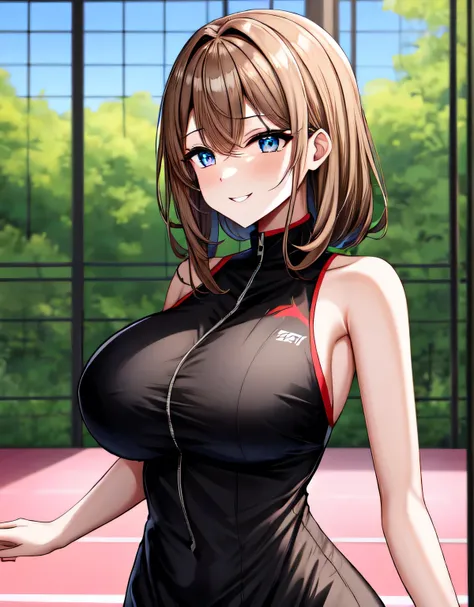 tennis dress,(shiny black tennis dress:1.3),(large breasts:1.55),(shiny hair),((solo)),((masterpiece)),((best quality)),perfect anatomy,slim waist,perfect image,8k UHD,(beautiful detailed eyes:1.5),extremely detailed face,standing,(upper body:1.25),(look a...