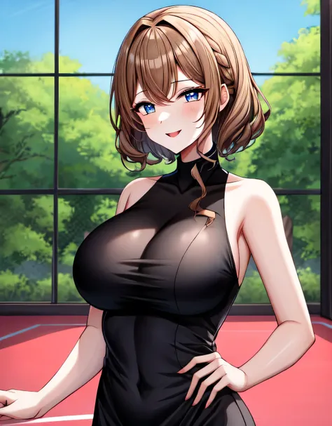 tennis dress,(shiny black tennis dress:1.3),(large breasts:1.55),(shiny hair),((solo)),((masterpiece)),((best quality)),perfect anatomy,slim waist,perfect image,8k UHD,(beautiful detailed eyes:1.5),extremely detailed face,standing,(upper body:1.25),(look a...