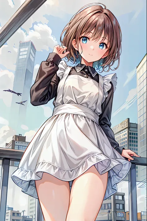 Brown Hair，Shortcuts，Disheveled Hair，Slender beauty，hole々Positive Attitude，Small breasts，Beautiful legs，Her captivating grey-blue eyes shine like stars，Top quality masterpiece, Very detailed, High resolution, Very detailedCG, smile、Tokyo Skytree can be see...