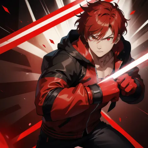 1Man, red short hair, red eyes, strongest, red letterman jacket, black pants, K J, glowing eyes bright, dark background, fist, red light energy, red line effect in eyes, red line effect, red light 
Spin  circle effect, red gloves, face dark