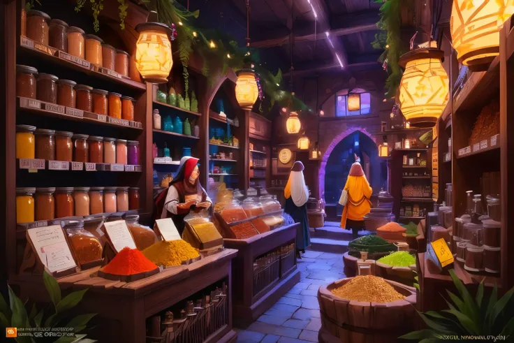 There are many jars of spices and spices on display in a store, a wizard&#39;s apothecary, in a potion shop, fantasy potion seller interior, wizard laboratory, Fantasy Alchemist Lab, inside an old magic shop, interior of fantasy supplier, in the fantasy ta...