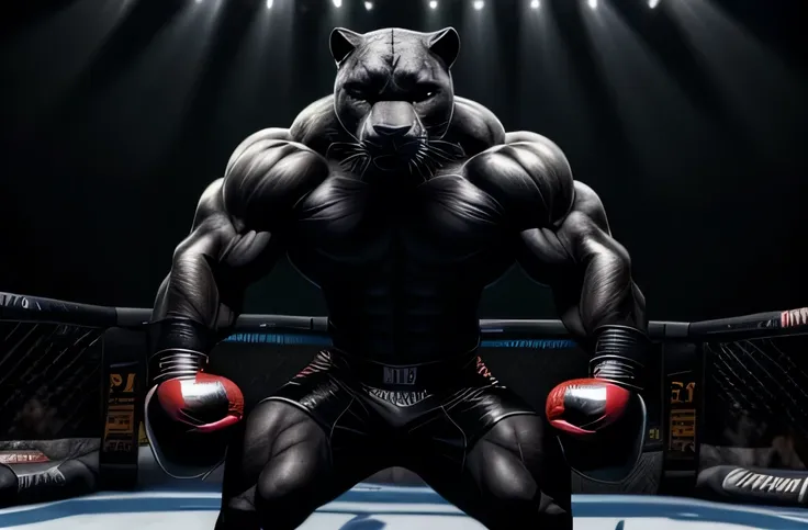 a muscular black panther, standing like a human, in ufc fighting stance, with boxing gloves, face concentrated