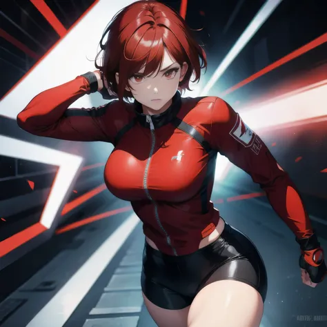 1woman, red short hair, red eyes, strongest, red letterman jacket, black pants, K J, glowing eyes bright, dark background, fist, red light energy, red line effect in eyes, red line effect, red light 
Spin  circle effect, red gloves, face dark, large breast...