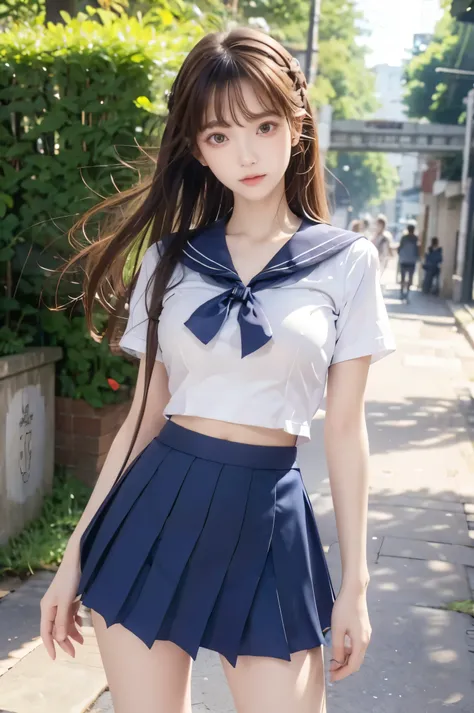 (Ultra HD), (Looking at me), (Short-sleeved sailor uniform, Navy blue mini skirt), Big Breasts, Super beautiful breasts, Slender, (Thin legs:1.2), (Thin thighs:1.2), (Thin Hips:1.4), (Beautiful Skin, Shiny skin, White skin), (Super slim face, Super beautif...