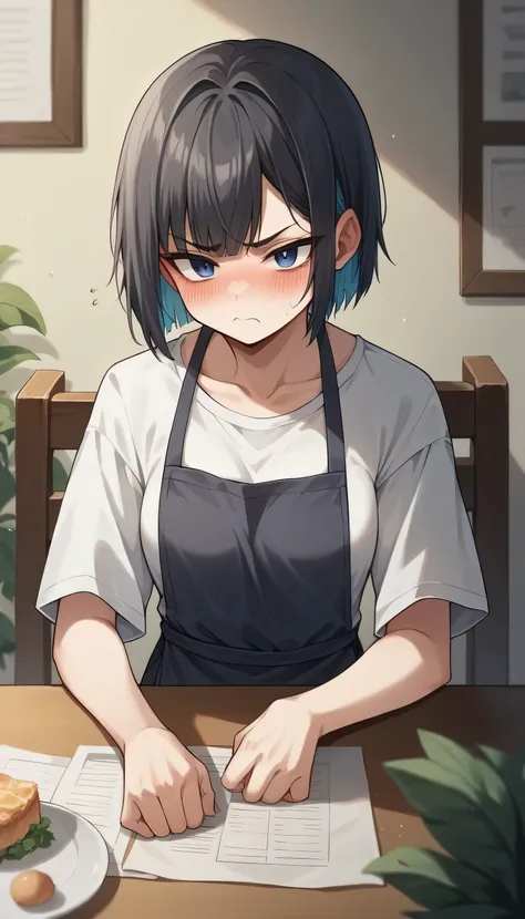 An early adult girl, age 22, dark blue eyes, medium long wolf cut hair, black colored hair, medium sized breast, using an oversized plain white shirt, using short pants, using apron,  pouting, blushing, frustrated expression, in an apartment dining room, b...