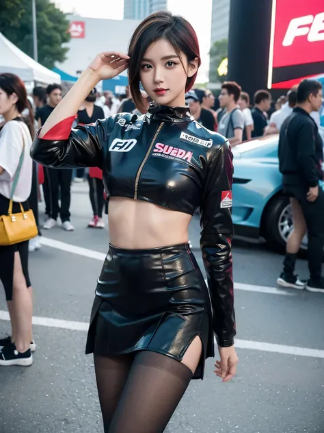 short hair、extremely detailed face、cool woman、colorful costumes、f1 driver cosplay、colorful costumes、clothing with company logo、t...