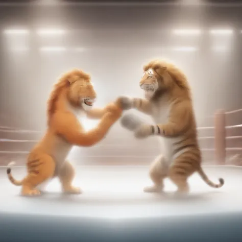 Lion and tiger boxing match in boxing ring，Many animals watch，anime style，cartoon style