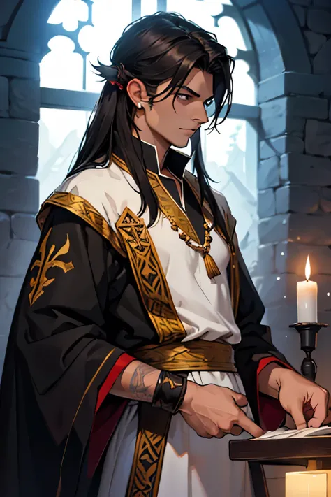 Kalash.priest.dark hair. Medium hairstyle. Dnd.man.