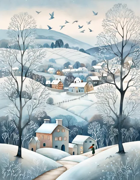 Create a whimsical, ethereal scene in the drawing style of Bettina Baldassari, featuring a village scene nestled in rolling hills with a cold, winter-like atmosphere. The landscape is filled with quaint houses in soft, muted tones like light grays, pale bl...