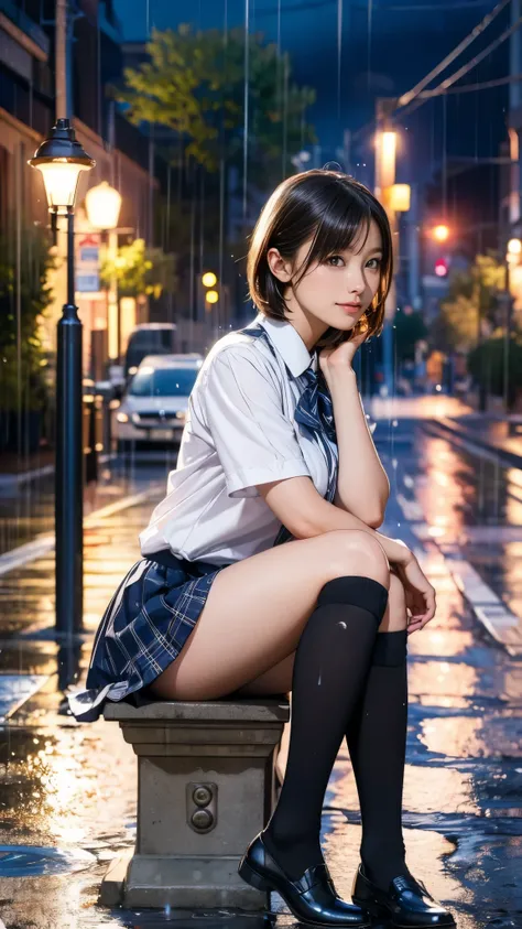 Flying debris, Best Quality, shape, Very detailed, Fine points, High resolution, 8k, wallpaper, Perfect dynamic composition, (Detailed and high quality, Realistic eye depiction:1.3), Side view, ((In the Rain、Under the street lamp)), Schoolgirl uniform, Whi...