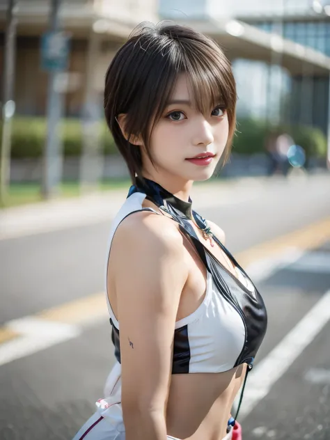 20 year old Japanese beauty，One woman、Muscular body like a bodybuilder、Emphasize the breasts、Slit eyes、A head-to-toe view，Bust is very very large、The background is the circuit、High quality photos、Clear, crisp images of the lower body、masterpiece 8k、From th...