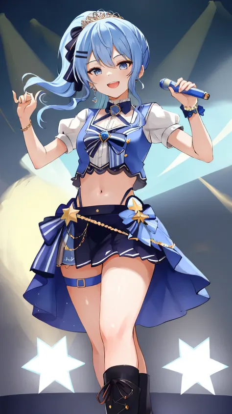 best quality, absurdres, 1teen_girl, solo, Hoshimachi Suisei, light blue hair, blue eyes, happy, smile, parted lips, cowboy shot, sidelocks, ponytail, toned, 
idol, idol clothes, hololive idol uniform, bowtie, blue skirt, brooch, dress, concert, on stage, ...