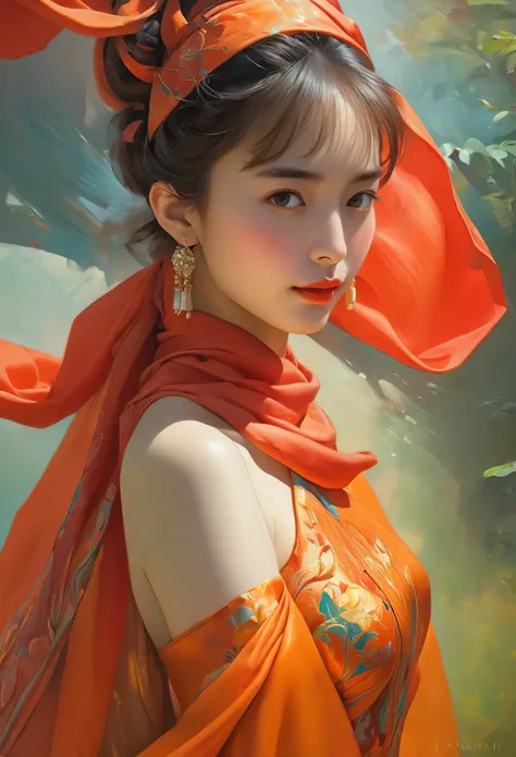 A woman in a orange dress with a long iridescent red scarf, Beautiful Woman Photos, Beautiful fantasy empress, Jan J, style of Art Gelm, Art Gelm and ruan jia, extremely detailed Art Gelm, trending Art Gelm, Art Gelm.  ruan jia and Art Gelm, Inspired by Fu...