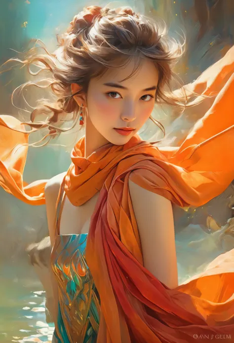 A woman in a orange dress with a long iridescent red scarf, Beautiful Woman Photos, Beautiful fantasy empress, Jan J, style of Art Gelm, Art Gelm and ruan jia, extremely detailed Art Gelm, trending Art Gelm, Art Gelm.  ruan jia and Art Gelm, Inspired by Fu...