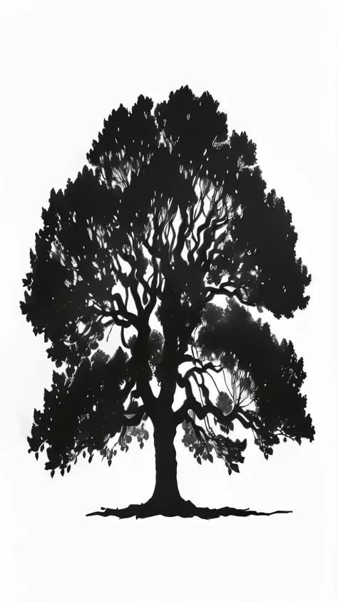 a black and white silhouette of a tree with leaves, oak tree, big tree casting shadow, detailed silhouette, black silhouette, big tree, very detailed illustration.”, looks like a tree silhouette, the oak tree, oak, very detailed illustration, big tree, oak...