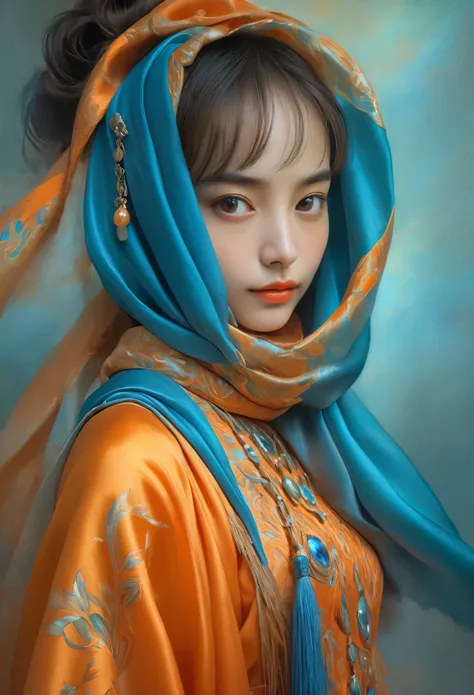 A woman in a orange dress with a long iridescent blue scarf, Beautiful Woman Photos, Beautiful fantasy empress, Jan J, style of Art Gelm, Art Gelm and ruan jia, extremely detailed Art Gelm, trending Art Gelm, Art Gelm.  ruan jia and Art Gelm, Inspired by F...