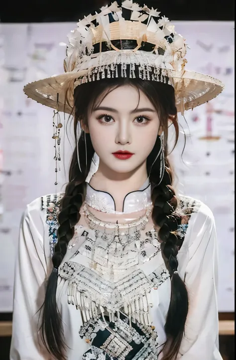 （8K，Best quality，masterpiece：1.2），Ultra-high-definition details，Professional lighting，Best quality，Ultra-high resolution，Stunning visuals，（1 girl：1.1），（Miao clothing、Headdress），Real human skin，（Perfect body 1.3）Super delicate face。(((Dark Photography，Dark，...