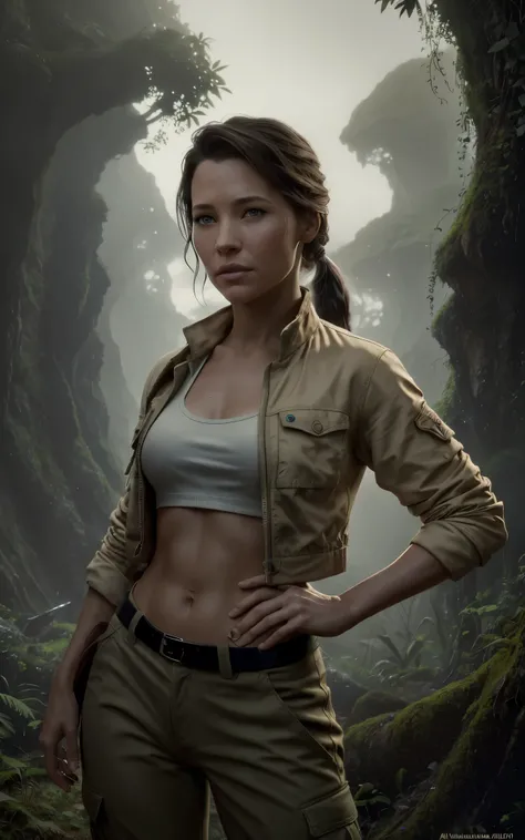 (Evangeline Lilly:Alicia Vikander) ponytail, Explorer in the jungle, white shirt, green jacket, beige cargo pants, year 1925, Lovecraft atmosphere, dark atmosphere, masterpiece, hyperdetailed, trending on artstation, sharp focus, golden ratio, 4k resolutio...