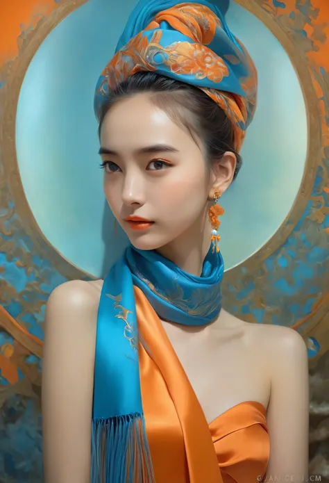 A woman in a orange dress with a long iridescent blue scarf, Beautiful Woman Photos, Beautiful fantasy empress, Jan J, style of Art Gelm, Art Gelm and ruan jia, extremely detailed Art Gelm, trending Art Gelm, Art Gelm.  ruan jia and Art Gelm, Inspired by F...