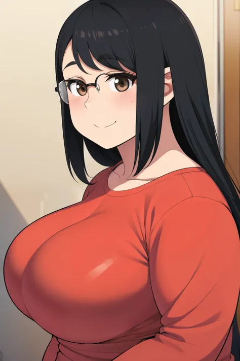 chubby year 21 big breasts black hair brown eyes happy long disheveled hair smile blushing deredere glasses